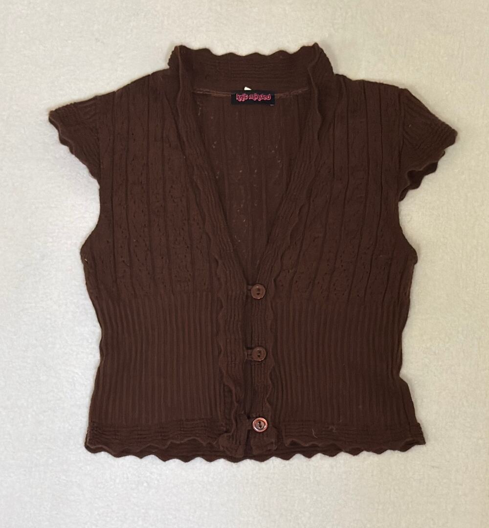 Knit Minded Womens Brown Pointelle Knit Cap Sleeve Button Cardigan Top